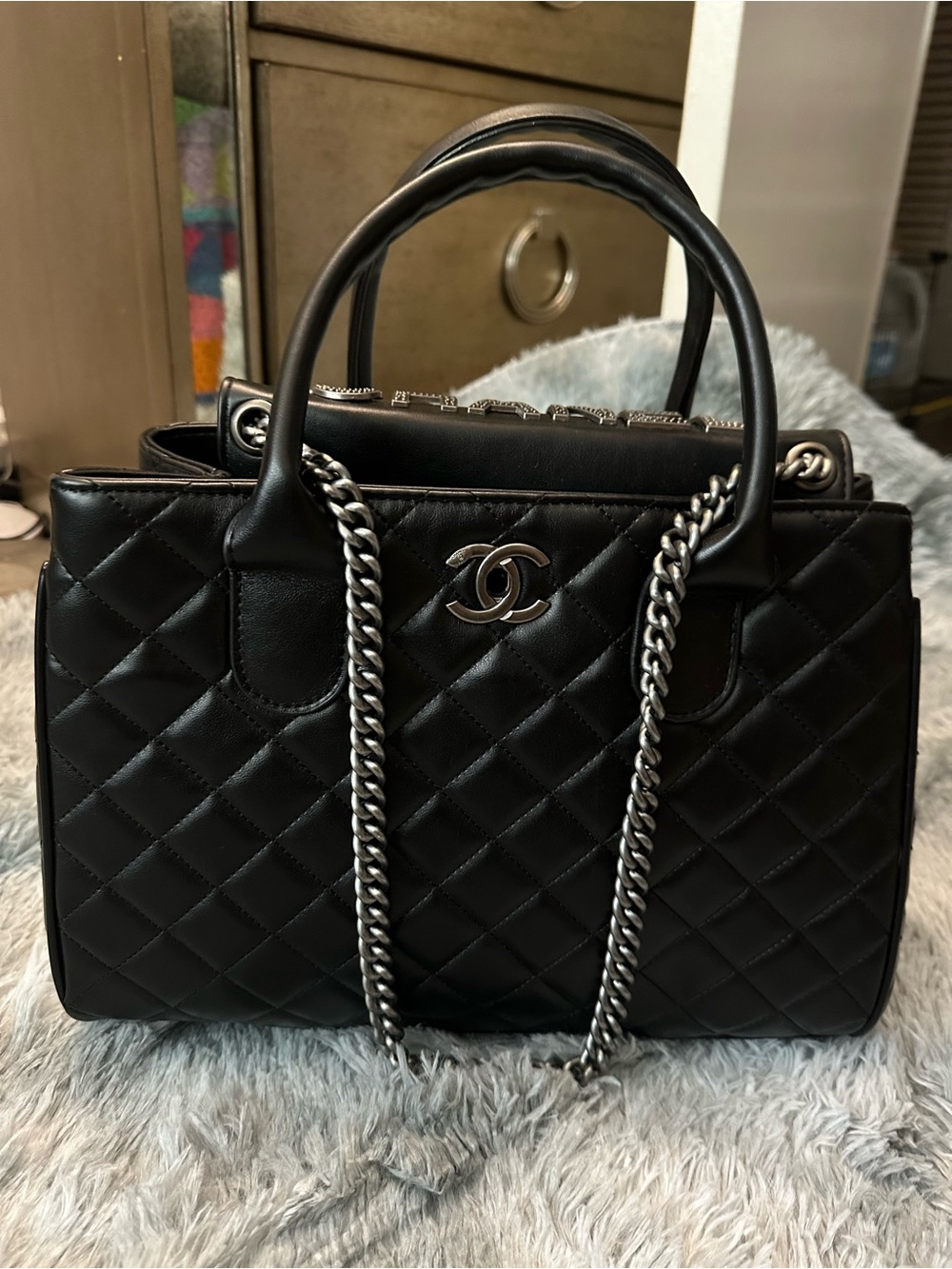 Black Quilted Leather Satchel with Silver Chain -
